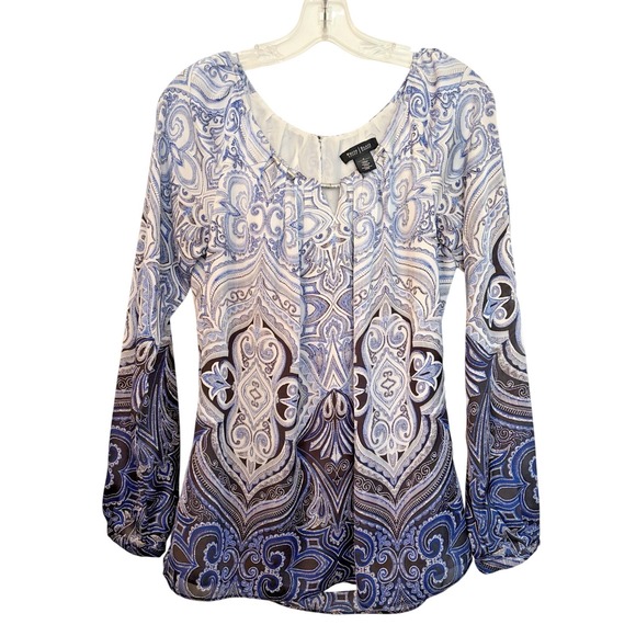 White House Black Market Tops - White House‎ Black Market Blue Paisley Silky Blouse Size Small Long Sleeve